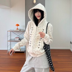 批发原版纯棉华棉面料美式复古碎花麻绳纽扣<b class='q'>卫衣</b>开衫连帽<b class='q'>外套</b>女秋季
