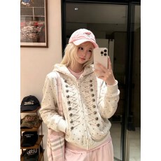 批发原版纯棉华棉面料美式碎花拿破仑纽扣秋季长袖拉链连帽<b class='q'>卫衣</b><b class='q'>外套</b>女