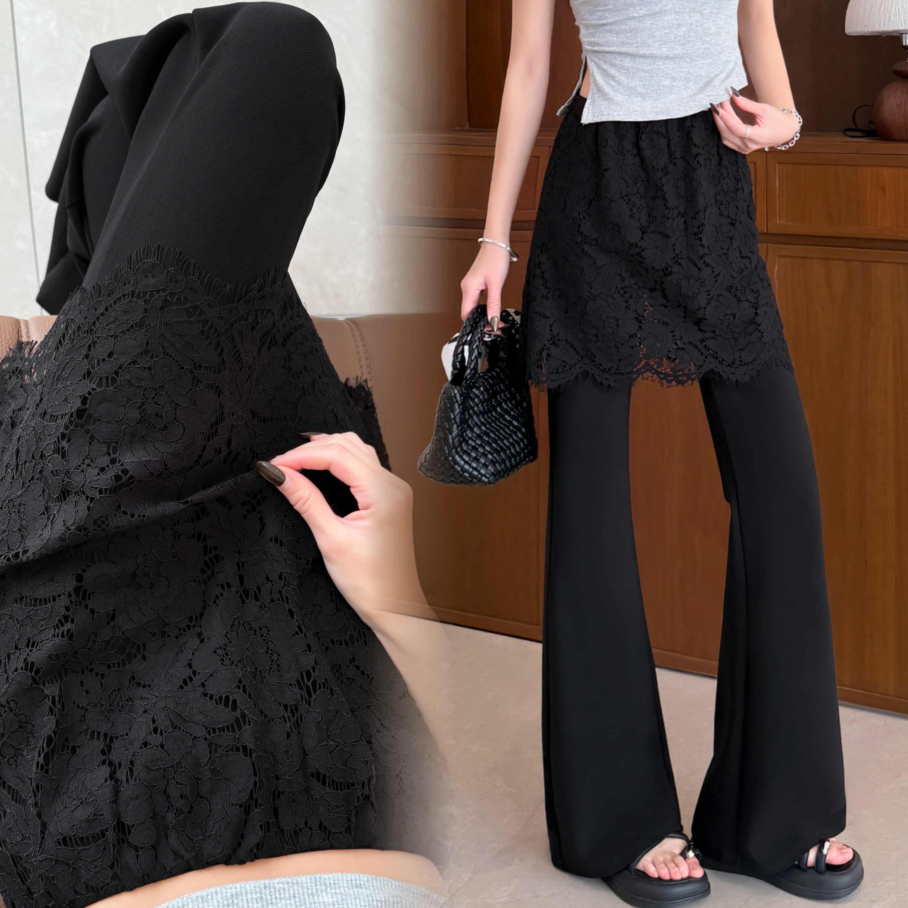 实拍 夏季新款蕾丝屁帘西装微喇叭裤女高腰弹力垂感显瘦喇叭裤