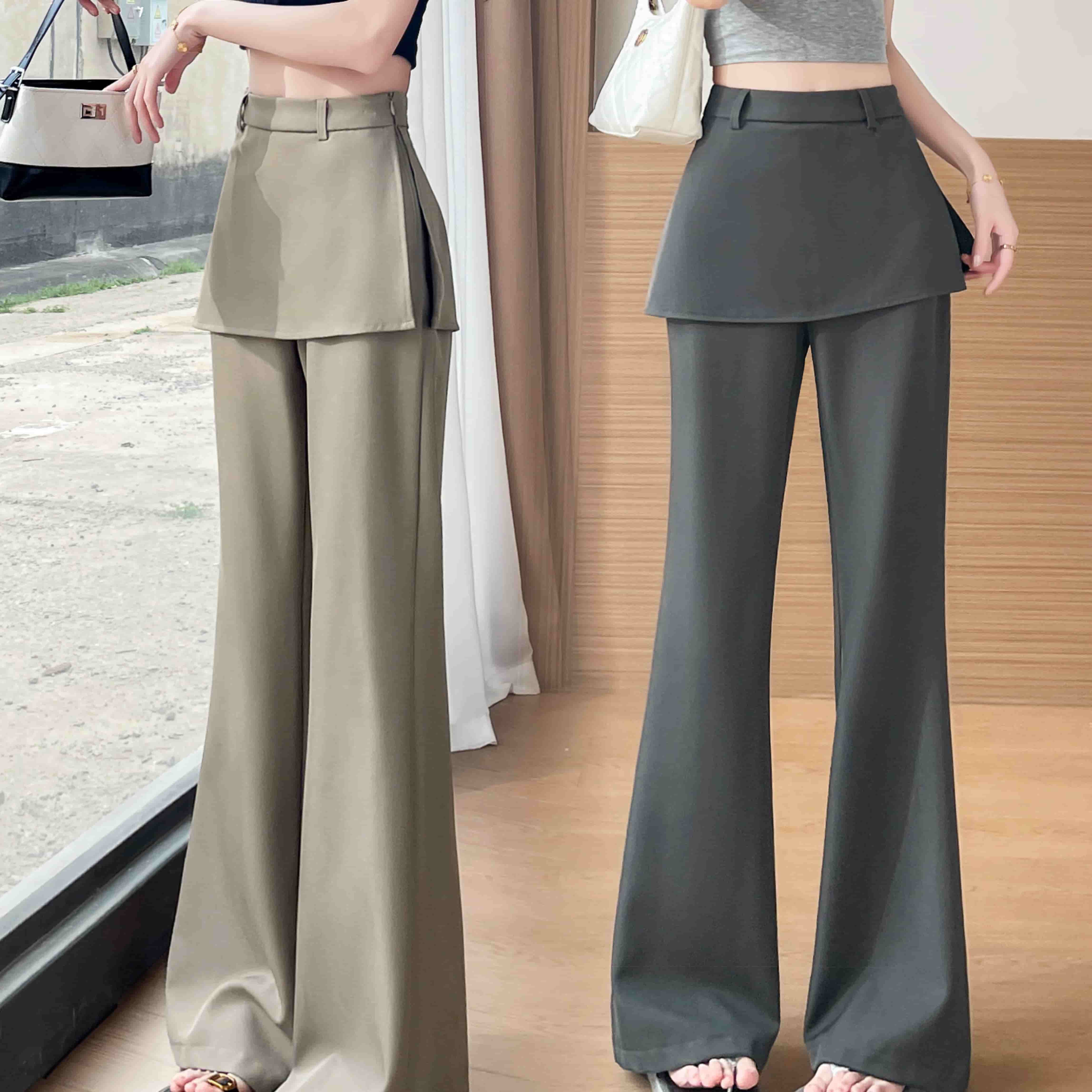 实拍 夏季薄款西装假两件屁帘开叉微喇简约不沾毛高腰显瘦马蹄裤