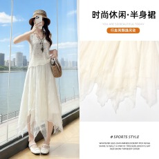 批发实拍 夏季蕾丝不闷拼接流光纱内衬度假仙气飘飘大摆<b class='q'>伞</b><b class='q'>裙</b>a字中长<b class='q'>裙</b>