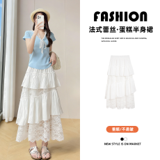 批发实拍 夏季拼接蕾丝蛋糕叠层不规则大摆a字甜美内衬高腰中长半身裙