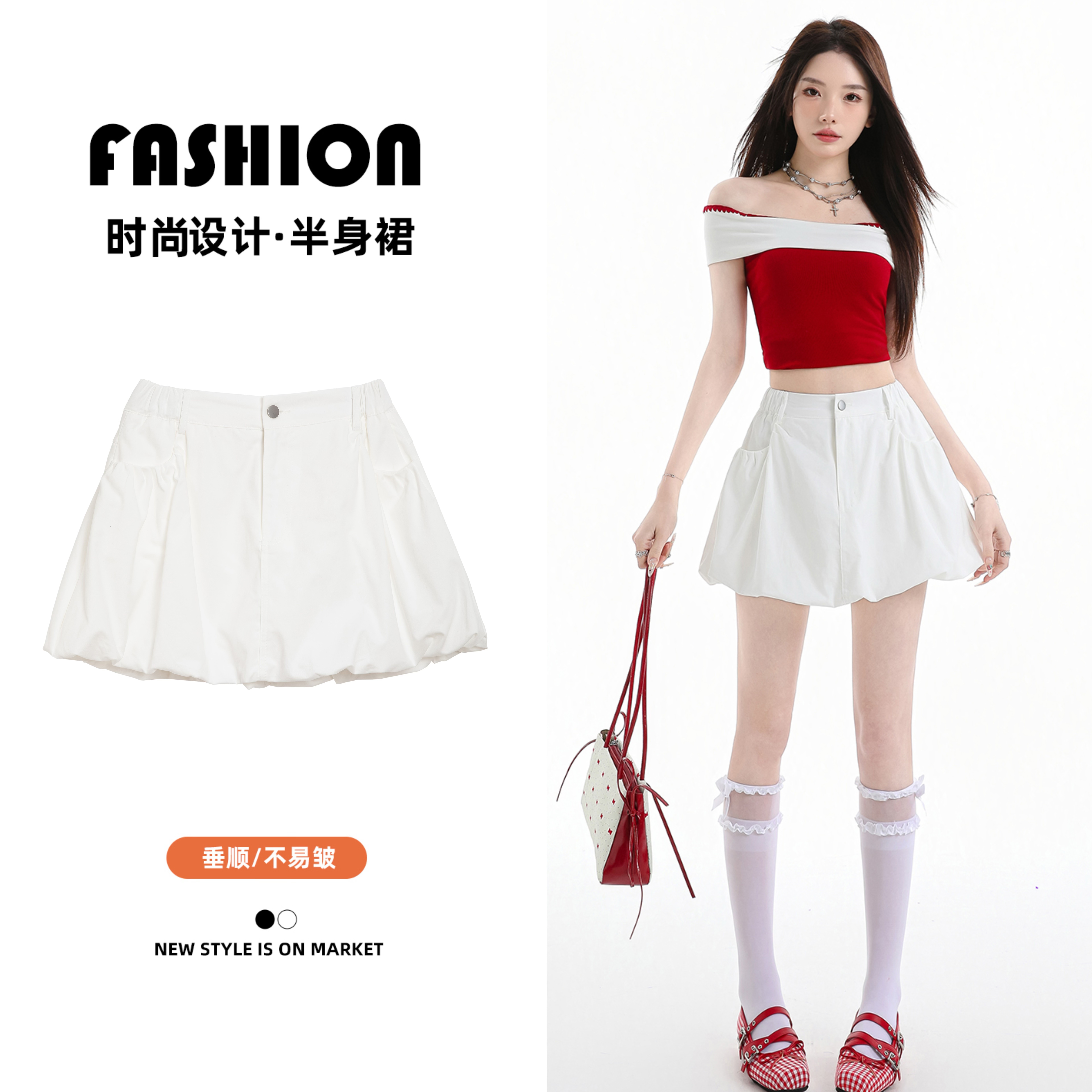 실사 여름 얇은 스타일 도트 무늬 꽃밭 연령 감소 작은 키 퍼프 외국 가스 하이웨이스트 슬림해 보이는 한 마디 반신 미니 스커트