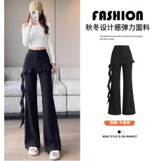 批发实拍 秋<b class='q'>冬</b>厚款黑色弹力假两件设计感屁帘鱼尾修身小个子微喇裤