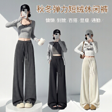批发实拍 秋冬慵懒梅拉软糯短绒毛巾感小个子休闲显瘦高腰弹力直筒裤