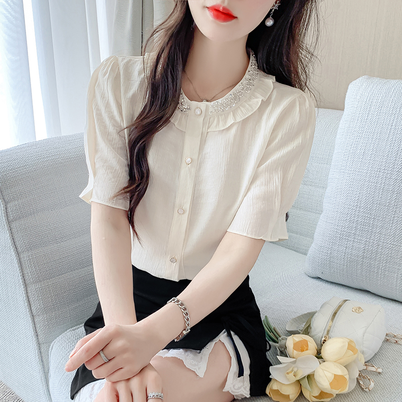 실사 프랑스식 라운드 넥 비즈 박기 여성 셔츠 2026 여름 새로운 주간 실크 반팔 쉬폰 블라우스 빛 럭셔리 품격 맨위