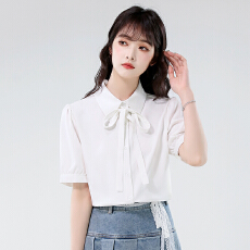 批发2026新款白色蝴蝶结短袖衬衫女夏季<b class='q'>职业</b>正装上衣教师面试雪纺衬衣