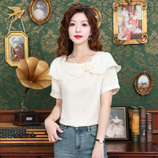 批发2026新款<b class='q'>韩国</b>修身显瘦领子不规则立体花朵纯色套头短袖<b class='q'>雪纺衫女</b>夏