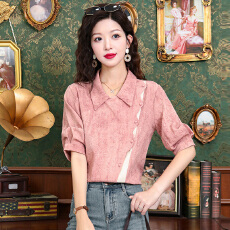 批发港风复古短袖衬衫女款2026新款夏季设计感拼色衬衣轻奢高级感上衣