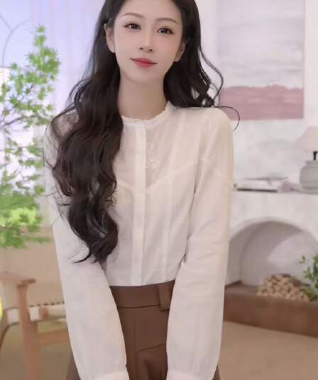 경관 그림 호박색 깃발 가을 순면 프랑스식 프릴 자수 셔츠 품격 고급 센스 긴팔 셔츠