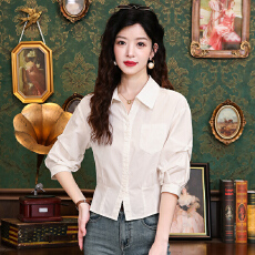 批发通勤抽褶收腰显瘦<b class='q'>衬衫</b>女<b class='q'>长袖</b>2026夏季新款单排扣polo领<b class='q'>衬衣</b>白上衣