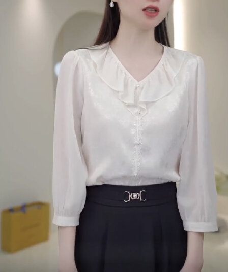 새로운 V넥 프릴 비즈 장식 7부 소매 패션 자수 품격 다용도 셔츠