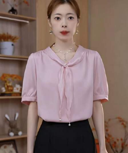 여름 새로운 작은 V넥 단색 외국 가스 패션 슬림해 보이는 다용도 여성 셔츠