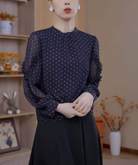 이른 가을 새로운 라운드 넥 도트 무늬 꽃무늬 외국 가스 패션 다용도 여성 셔츠