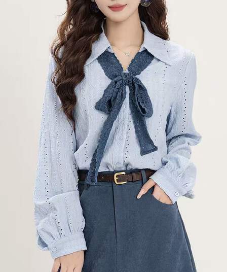 자카드 리본 셔츠 여성 이른 가을 법 맨위 긴팔 셔츠