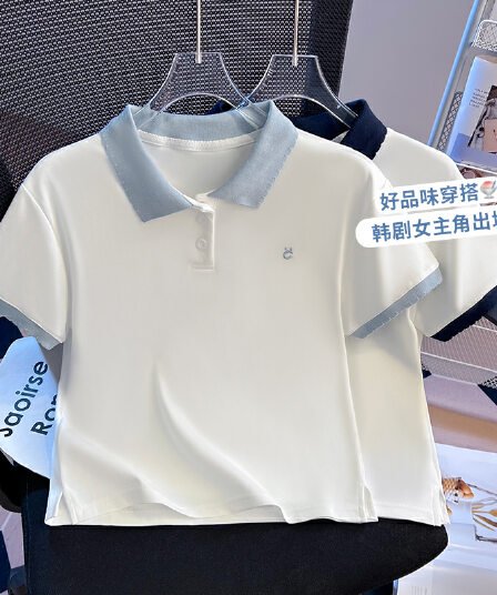 실사 2025 년 여름 새로운 여성 의류 루즈핏 POLO 셔츠 반팔 티셔츠 고유 한 Chic 작은 대중 디자인 센스