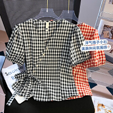 批发实拍2026年夏季新款女装T恤格子短袖V领打底<b class='q'>寸</b><b class='q'>衫</b>短款法式小<b class='q'>衫</b>