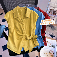 批发实拍2026年夏季新款女装T恤收腰洋气短袖<b class='q'>寸</b><b class='q'>衫</b>时尚法式绑带不规则