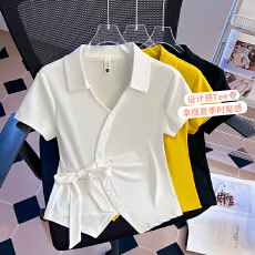 批发实拍2026年夏季新款女装不规则T恤短袖洋气<b class='q'>寸</b><b class='q'>衫</b>显瘦收腰设计感上