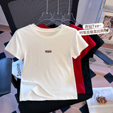 批发实拍2026年夏季新款<b class='q'>女</b>装<b class='q'>T</b><b class='q'>恤</b>设计感小众烫钻圆领短袖欧货时尚上衣