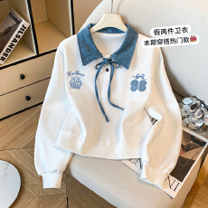 批发实拍2026年秋季新款女装<b class='q'>卫衣</b>翻领宽松洋气减龄字母刺绣系带上衣