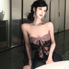 批发古董情书 紫金色中古蕾丝抹胸女蝴蝶结拼接修身上衣