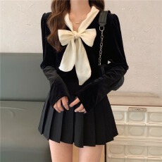 批发法式复古金丝绒长袖<b class='q'>衬衫</b>女2022秋季新款蝴蝶结<b class='q'>上衣</b>