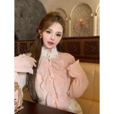 批发法式气质荷叶边粉色<b class='q'>衬衫</b>女早秋高级感小众喇叭袖上衣潮流女