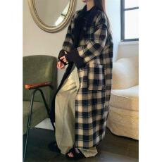 批发加厚宽松格子大衣长款慵懒高级感保暖外套女秋冬设计感小众上衣服