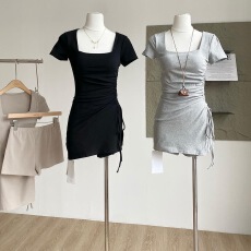 批发韩版时尚百搭方领带胸垫短袖T恤连衣裙+打底裤两件套