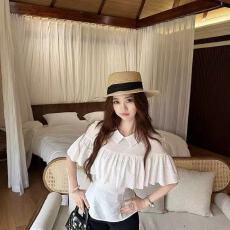 批发白色轻薄透气法式短袖衬衫女装夏季小众设计感荷叶边衬衣气质上衣