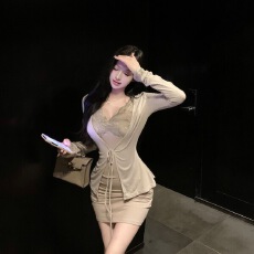 批发蕾丝拼接绑带v领针织开衫女秋季纯欲套装吊带连衣裙包臀裙两件套