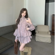 批发复古露肩polo领长袖衬衫<b class='q'>连衣裙</b>女秋季设计感收腰裙子修身a字短裙