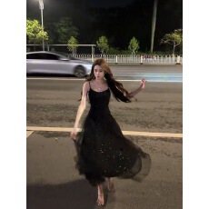 批发夜色飘逸黑色<b class='q'>网纱</b>轻奢连衣<b class='q'>裙</b>女早秋氛围感显瘦浪漫细闪高级长<b class='q'>裙</b>子