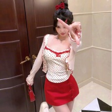 批发夏季甜辣可爱弥边针织衫碎花背心吊带红色修身a字短裙三件套套装