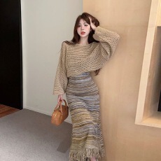批发复古气质外穿套头针织网眼罩衫女秋氛围感吊带毛背心流苏长裙套装