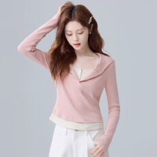 批发连帽长袖<b class='q'>T</b><b class='q'>恤</b>女2025秋季拼接假两件收腰显瘦内搭时尚休闲打底上衣