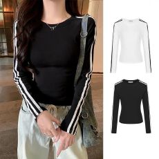 批发三条杠撞色条纹圆领修身型长袖<b class='q'>T</b><b class='q'>恤</b>时尚秋冬上衣德绒毛衣女