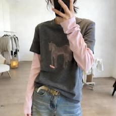 德绒假两件上衣撞色拼接女大码显瘦粉色小马印花图案长袖T恤