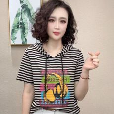 批发夏季新款女士短袖连帽印花透气减龄休闲<b class='q'>卫衣</b>T恤百搭上衣