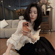 批发法式设计重工蕾丝<b class='q'>镂空</b>花苞袖长袖衬<b class='q'>衣</b>