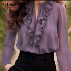 批发紫色<b class='q'>雪纺</b><b class='q'>衫</b>女<b class='q'>长袖</b>上衣气质荷叶边显瘦衬衫法式衬衣