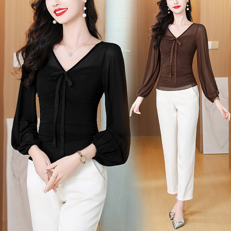 2026 봄 새로운 프랑스식 디자인 센스 V넥 레이스업 허리 수축 여성 셔츠 작은 대중 Chic 긴팔 슬림해 보이는 맨위