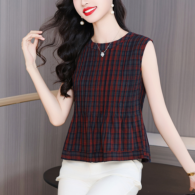 2026 여름 새로운 여성 의류 레트로 체크무늬 민소매 셔츠 고급 센스 착용 가져 가라. 아름다운 여성 맨위 셔츠