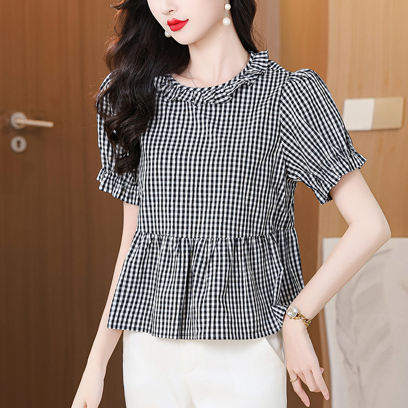 2026 여름 새로운 한국 스타일 체크무늬 다용도 패션 루즈핏 프릴 반팔 여성 맨위 셔츠