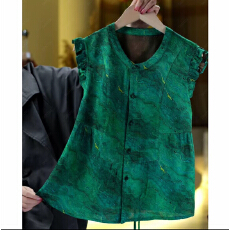 批发2026新中式复古<b class='q'>印花</b>减龄无袖花边背心时尚休闲小衫