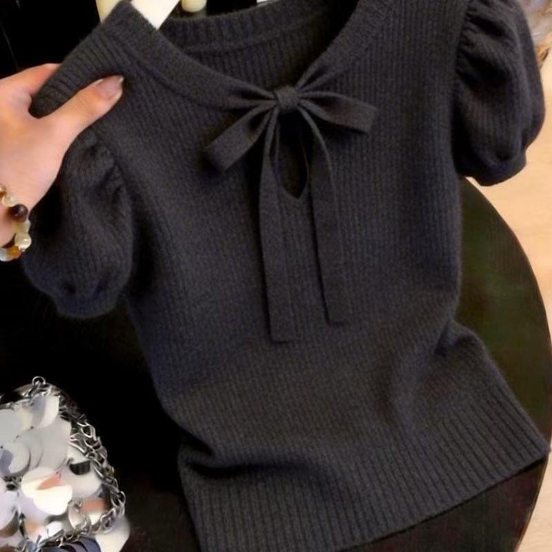 2026 여름 새로운 거품 소매 나비 매듭 니트 스웨터 여성 레이스업 라운드 넥 반팔 몸매 가꾸기 슬림해 보이는 맨위