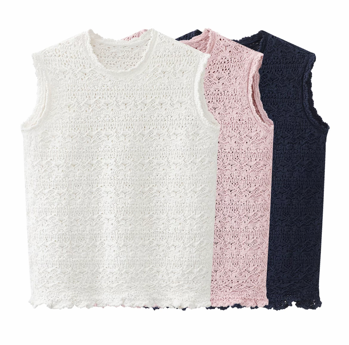 봄 새로운 순수한 색상 시스템 홀로우 아웃 짜임 풀오버 라운드 넥 없음 볼륨 측면 뒤집다 꽃 자연 물결무늬 밑단 모직물 조끼