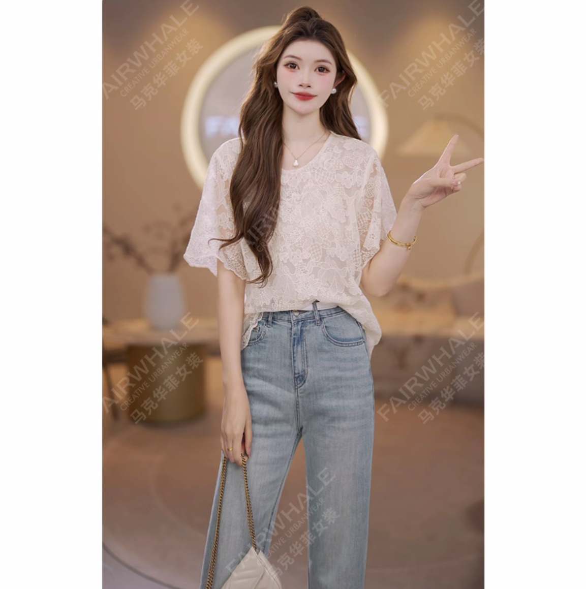 2026 여성 의류 여름 부드러운 바람 레이스업 레이스 자카드 반팔 셔츠 얇고 가벼운 편안함 맨위 여성