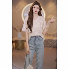 批发2026女装夏季温柔风系带蕾丝提花短袖衬衫轻薄舒适上衣女